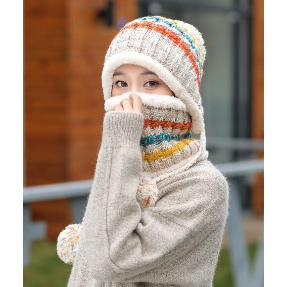 Women Winter Beanie Hat Circle Scarf Set Pompoms Peruvian Ski Snow Ear Flaps Col - Picture 7 of 8